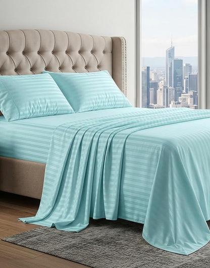 LANE LINEN 100% Egyptian Cotton King Size Deep Pocket Sheet Sets, Soft & Comfy No Pill Fade Resistant Natural Cooling Mercerized Cotton King Size Sheets Set 15" Deep Pocket Damask Stripe - Blue Sky