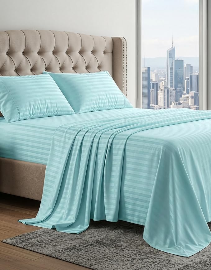 LANE LINEN 100% Egyptian Cotton Luxury Bedding Queen Sheet Set, Fade Resistant, No Pill, Naturally Cooling, Soft & Comfy Silky Smotth Sateen Weave Sheets Damask Stripe - Blue Sky