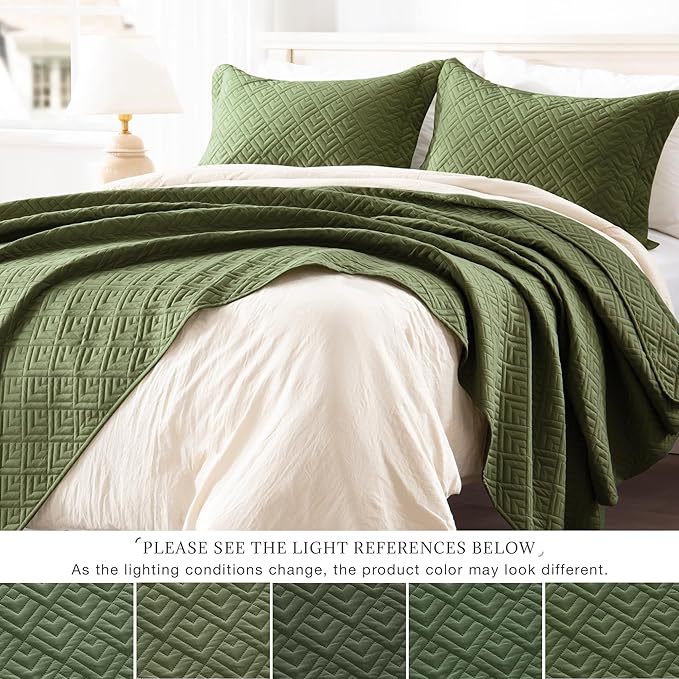 EXQ Home Quilt Set King Size Forest Green 3 Piece,Lightweight Soft Coverlet Modern Style Squares Pattern Bedspread Set(1 Quilt,2 Pillow Shams)