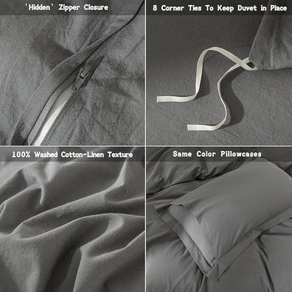 Dark Grey Duvet Cover Oversize Queen Size Bedding Set Cover 100% Washed Cotton Duvet Cover with Zipper Closure and 2 Pillowcases, 98inch x 98inch
