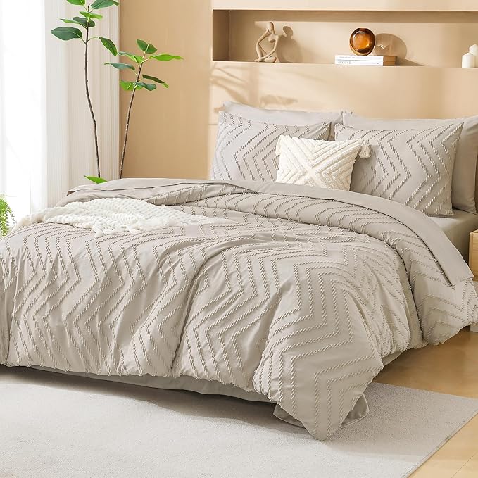 Litanika King Size Comforter Set with Sheets Beige - 7 Pieces Bed in a Bag King Chevron Tufted Boho Luxury Bedding Sets with Comforter, Sheets, Pillowcases & Shams