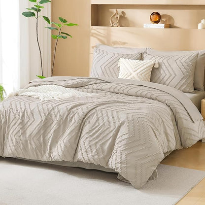 Litanika King Size Comforter Set with Sheets Beige - 7 Pieces Bed in a Bag King Chevron Tufted Boho Luxury Bedding Sets with Comforter, Sheets, Pillowcases & Shams