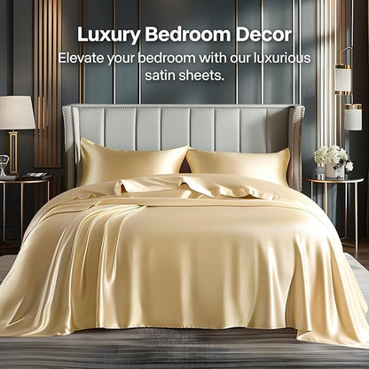 BEDELITE Satin Sheets Twin Size Bed Set, Luxury Soft Champagne Silky Sheets for Hair and Skin, Similar to Silk Bed Sheets Set 3 Pieces with 1 Deep Pocket Fitted Sheet, 1 Flat Sheet, and 1 Pillowcase