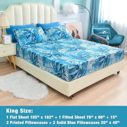 JSD Blue Tropical Leaves Print Sheet Set King Size, 6 Piece Soft Pattern Microfiber Bed Sheets Extra Deep Pocket