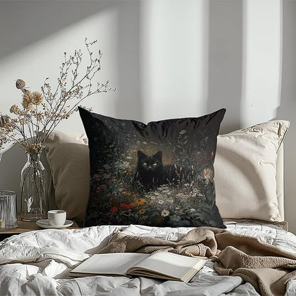 Vintage Floral Black Cat Pillow Covers 18x18, cat Gifts for Women,Dark Cottagecore Flower Decor, Gothic Moody Black Kitten Pillowcase for Prayer Room，Aesthetic Black Cats Vintage Cats Decor