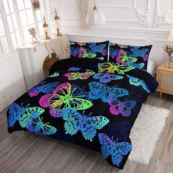 Axolotl Colorful Butterflies Bedding Set,Twin Size Kids Bed Set,Gradient Butterfly Comforter Set,1 Quilt with 2 Pillowcases for Boys Girls Kids Teens Children Adults Room Decor All Season,Black