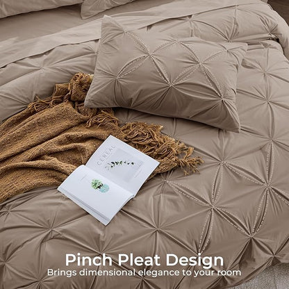 Sasttie King Size Comforter Set, 7-Piece Bed in a Bag, Pintuck Bedding Set for All Season, Includes Comforter, Flat Sheet, Fitted Sheet, Pillowcases and Pillowshams, Dark Linen