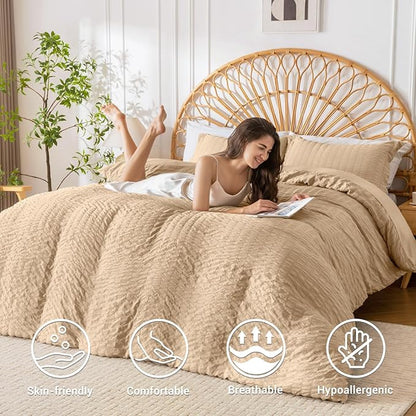 HYMOKEGE Khaki Duvet Cover Full Size, Ultra Soft 3-Piece Seersucker Duvet Cover Set with Zipper Closure, Soft Brushed Microfiber Bedding Set with 8 Corner Ties (80"x90", 2 Pillowshams)