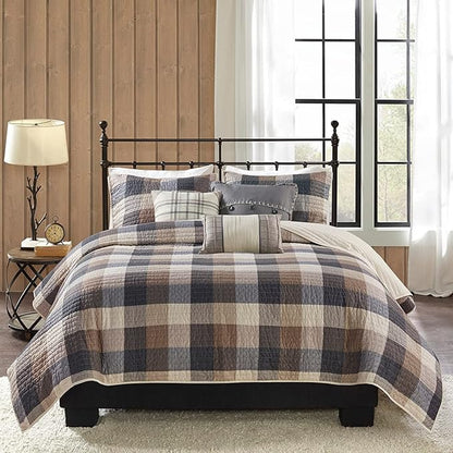 Madison Park Reversible Quilt Cabin Lifestyle Plaid Design - All Season, Breathable Coverlet Bedspread Bedding Set, Matching Shams, King/Cal King(104"x92"), Neutral 6 Piece
