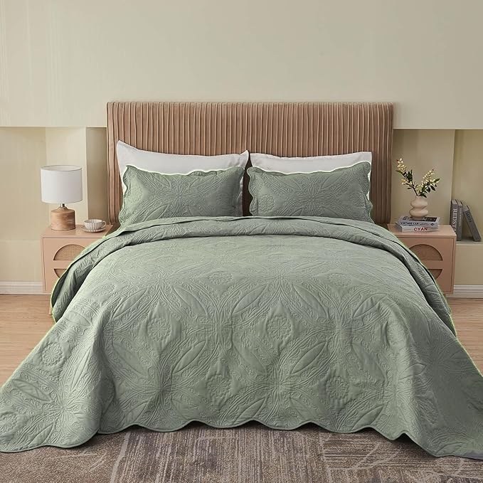 Kingnex Oversized King Bedspreads 128x120 for Extra Wide Tall King or Cal King Bed Ultrasonic Quilted Coverlet Set 3 Piece Include 1 Quilt 2 Pillowcases Sage