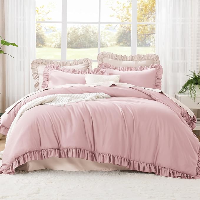 Litanika Grayish Pink King Size Comforter Set, 3 Pieces Ruffle Farmhouse Aesthetic Bedding Comforter Set, All Season Soft Lightweight Fluffy Microfiber Bed Set(104x90In Comforter, 2 Pillowcases)