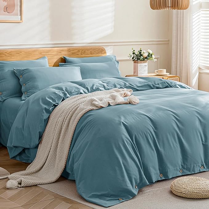 JELLYMONI Cotton Duvet Cover Full Size - Grayish Blue Comforter Cover with Button 100% Washed Cotton 3PCS Breathable Soft Solid Bedding Set Duvet Cover 80×90in & 2 Pillowcases (NO Comforter)