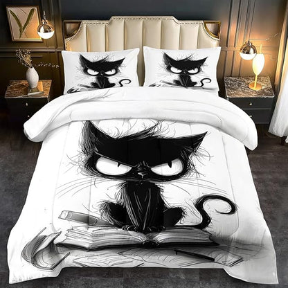 Cute Black Cat Comforter Set Twin Size Cute Pet Bedding Set Boys Girls White and Black Comforter Cartoon Cat Quilt Animal Bedroom Decor Kawaii Animal Print Bedding Boys Kids