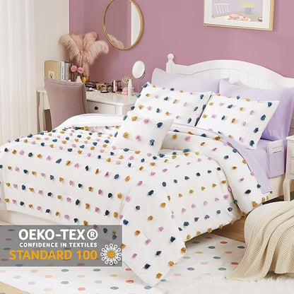 Geniospin Colored Pom Queen Comforter Set, 8 Pieces Ball Pom Comforter Sets, Bed in a Bag Queen, All Season Down Alternative Bedding Set, Lightweight, Warm and Breathable