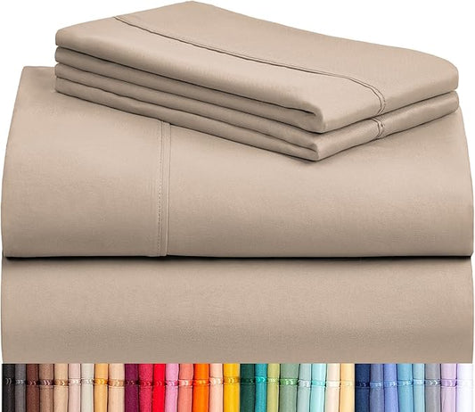 LuxClub 4 PC California King Sheet Set, Breathable Luxury Bed Sheets, Deep Pockets 18" Wrinkle Free Cooling Sheets Machine Washable Hotel Bedding Silky Soft - Light Khaki Cal King