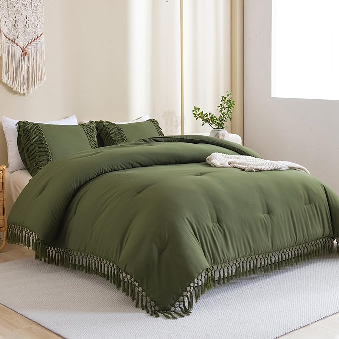 Andency Olive Green Full Size Comforter Set, 3 Pieces Boho Tassel Lightweight Soft Bedding Comforter Sets, All Season Fluffy Fringe Bed Set (79x90In Comforter & 2 Pillowcases)