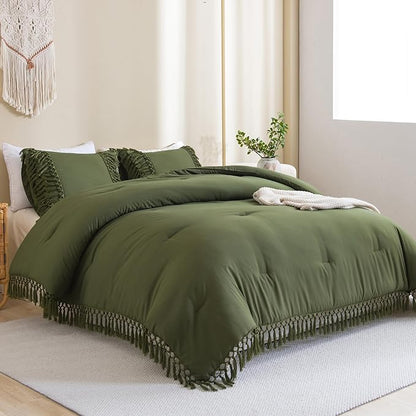 Andency Olive Green Full Size Comforter Set, 3 Pieces Boho Tassel Lightweight Soft Bedding Comforter Sets, All Season Fluffy Fringe Bed Set (79x90In Comforter & 2 Pillowcases)