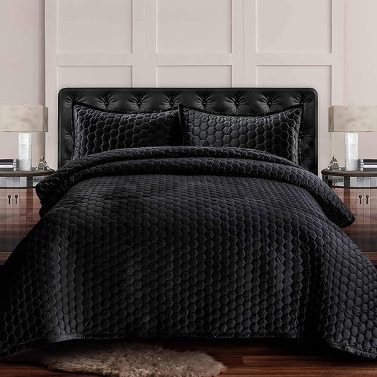 Tribeca Living Lugano Oversized Velvet Quilt Set - All Season, Extra Large, 3 Piece King Size Comforter Set with 2 Pillow Shams in Steel Grey Honeycomb Pattern 260GSM