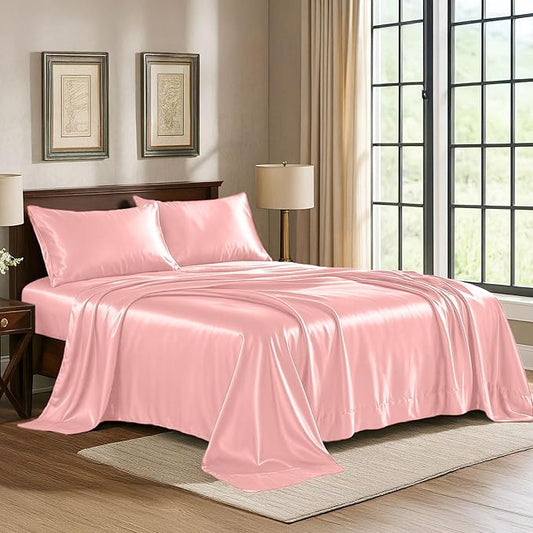Satin Sheets Twin [3-Piece, Pink] Hotel Luxury Silky Bed Sheets - Extra Soft 1800 Microfiber Sheet Set, Wrinkle, Fade, Stain Resistant - Deep Pocket Fitted Sheet, Flat Sheet, Pillow Cases