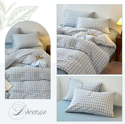 EAVD Vintage Style Blue&White Plaid Gingham Duvet Cover King Soft 100% Washed Cotton Chic Grid Checkered Bedding Set with 2 Pillowcases Farmhouse Blue Plaid Duvet Cover with Zipper Closure