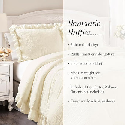 Lush Decor Reyna Ruffle Comforter Set - 3 Piece Cozy Ruffled Bedding Set - Timeless Elegance and Comfort for Dorm Room - Full/ Queen, Ivory