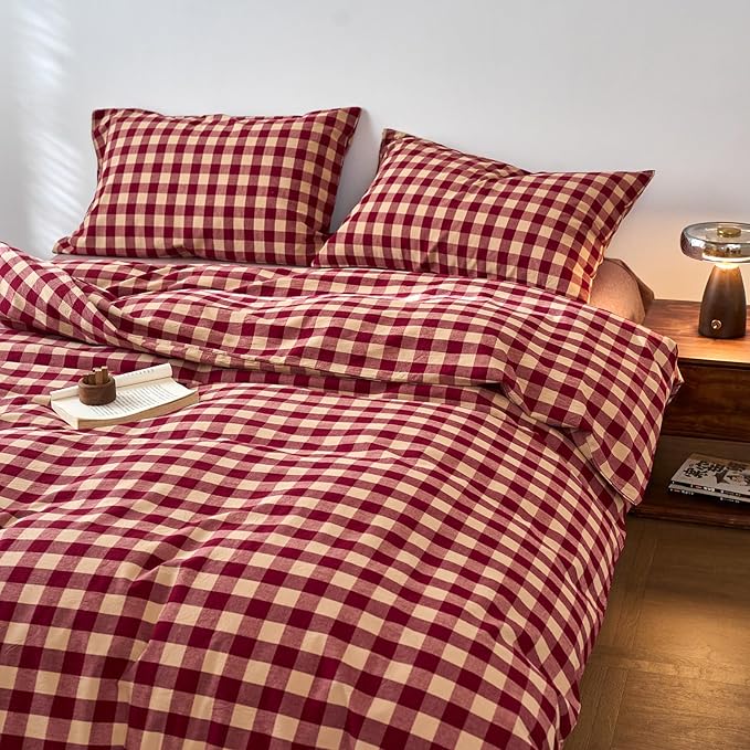 EAVD Vintage Style Red Gingham Duvet Cover Queen Soft 100% Washed Cotton 3-Piece Reversible Plaid Checkered Bedding Set with 2 Pillowcases Farmhouse Buffalo Plaid Duvet Cover with Zipper Closure