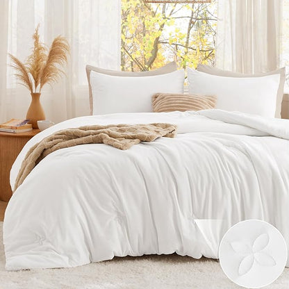 Bedsure Twin Comforter Set White, Soft Prewashed Twin Size Bedding, Quilted Comforter with Clover Design, Down Alternative Comforter for All Seasons, 2 Pieces Bed Set with 1 Pillow Sham