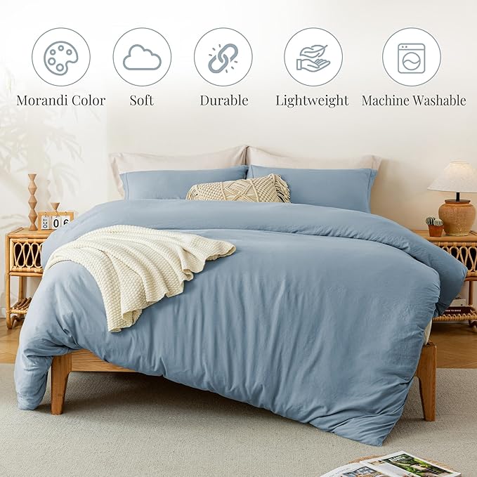 MILDLY Super Soft Duvet Cover - 100% Washed Microfiber Haze Blue Comforter Cover Set 3 Pieces with Zipper Closure & Corner Ties (No Comforter)