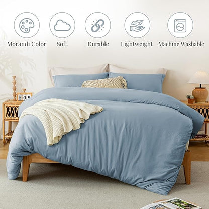 MILDLY Super Soft Duvet Cover 2pcs - 100% Washed Microfiber Haze Blue Comforter Cover Set with Zipper Closure & Corner Ties (No Comforter)