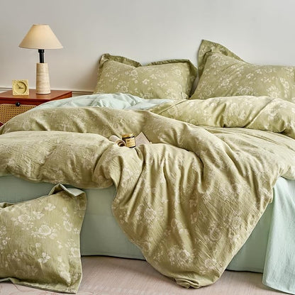 mixinni 100% Washed Cotton Cover Set, Reversible Vintage Green Floral Butterfly Jacquard Textured Comforter Cover, Boho Farmhouse Bedding Set with Zipper Closure for All Season, Queen Size