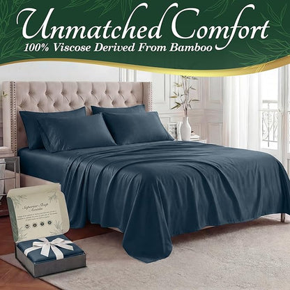 DECOLURE 100% Viscose Derived from Bamboo Sheets Queen Size - Luxury 6 Pc Naturally Cooling Sheets, Ultra Soft Bed Set - Deep 17" Pockets, Durable Double Stitching, Oeko Tex Standard (Navy Blue)