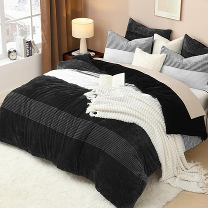 Litanika Fluffy Fleece King Size Comforter Set, Luxury Soft Plush Fuzzy Black & White Stripe Bedding Comforter Sets, Warm Shaggy Faux Fur Bed Set All Season (1 Comforter, 2 Pillowcases)
