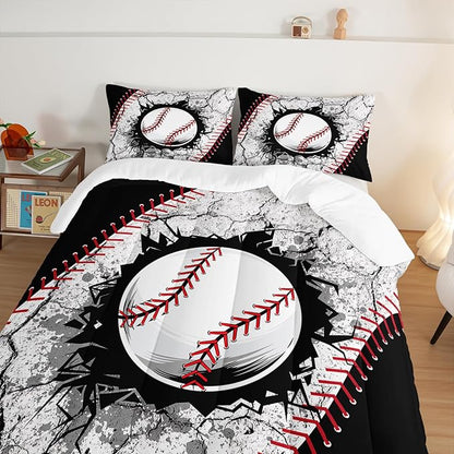 Baseball Comforter Sports Bedding Sets for Boys,Sports Gamer Bedding Set for Kids Girls Boys Room Decor,Black White Baseball Printed Twin Bed Comforter Set with 2 Pillowcases.