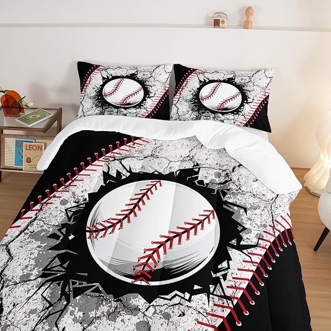 Baseball Comforter Sports Bedding Sets for Boys,Sports Gamer Bedding Set for Kids Girls Boys Room Decor,Black White Baseball Printed King Bed Comforter Set with 2 Pillowcases.