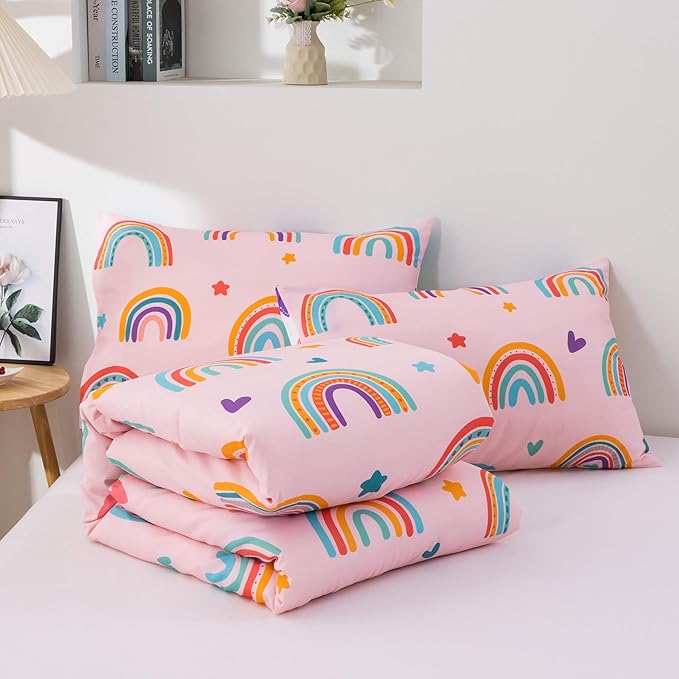 Btargot Lightweight Soft 3 Piece Rainbow Comforter Set with 2 Pillow Covers, Cartoon Love Hearts Flowers and Sun Moon Star Bedding Set for Girls Boys Kids, Queen Blush