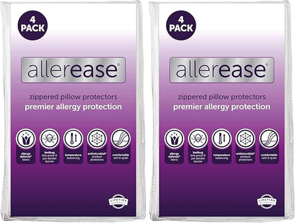 Set of 4 King AllerEase Pillow Protectors - Temperature Balancing,Allergist Recommended - Premium Breathable,Zippered Protectors,(Pack of 2)