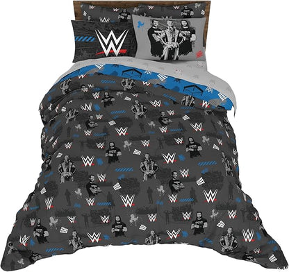 WWE Wrestling Bedding Set, Full Size 7 Piece Set Super Soft Cozy Reversible Comforter and Sheet Set with Sham, (100% Officially Licensed Product) by Franco
