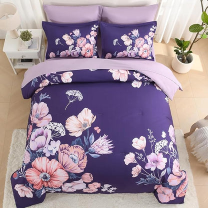 Queen Comforter Set - 7 Pieces Bed in a Bag Dark Purple Floral Queen Comforter Set with Sheets, Soft Microfiber Flower Complete Bedding Set for All Seasons（Dark Purple,90"x90"）
