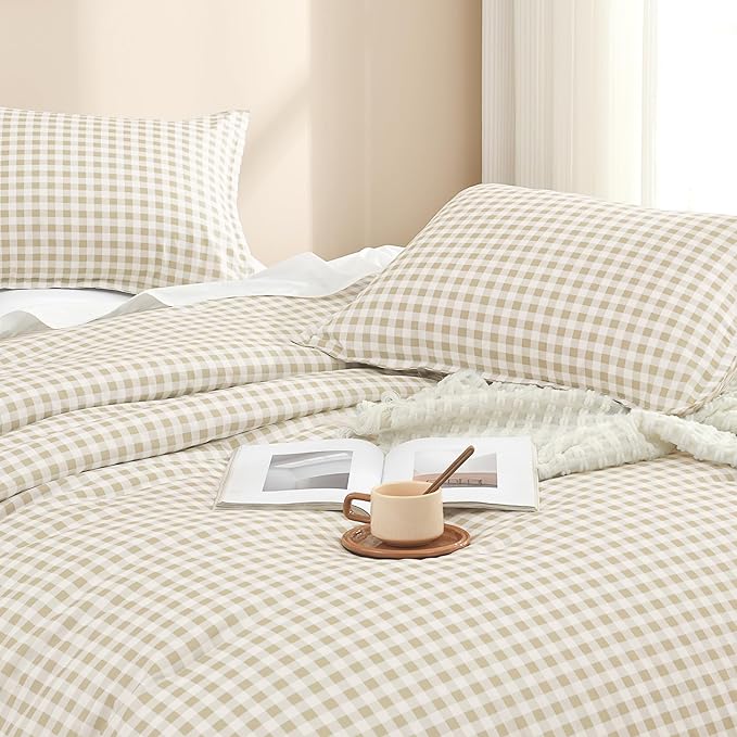 Andency Beige Gingham Comforter Set Twin(66x90Inch), Cream Checkered Grid Plaid Buffalo Bed Set for Girls Boys Kids Teens, 2 Pieces Lightweight Polyester Geometric Preppy Bedding