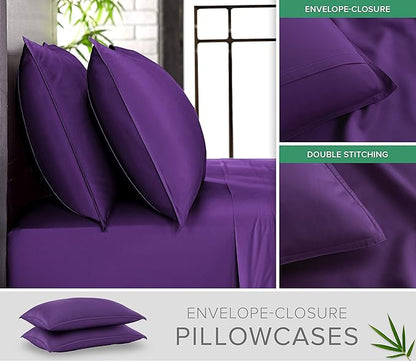 Queen Pillowcases by Pure Bamboo, Genuine 100% Organic Viscose Derived from Bamboo, Luxuriously Soft & Cooling, Double Stitching, Envelope Closure (2 Queen Pillowcases, Purple)