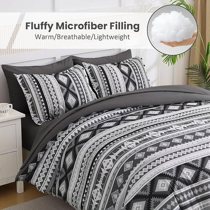 Dinjoy Dark Grey Boho Comforter Set Queen Size,7 Pieces Bed in a Bag Queen Warm Black Bedding Sets with Sheets Aztec Comforters Mens Striped Complete Set for Fall Winter 90"x90"