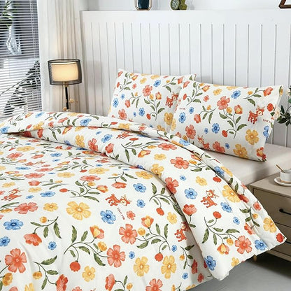 SDIII Reindeer and Floral Comforter Set Twin 3 Pieces, Soft Microfiber Vintage Floral Comforter Twin Size, Yellow Flower Bedding All Season