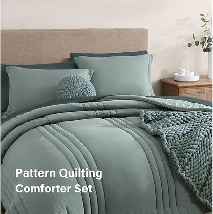 Monbix California King Size Comforter Set - 7 Pieces Bed in a Bag California King, Sage Green Bedding Sets, All Seasons Comforter Bed Set with Sheets, Pillowcases & Shams