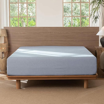 MooMee Fitted Bottom Sheet Only 100% Washed Cotton Linen Like Textured Breathable Durable Soft Comfy Deep Pocket Fits Mattress up to 17" (Cornflower Blue, California King)