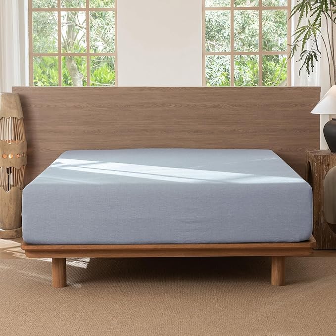 MooMee Fitted Bottom Sheet Only 100% Washed Cotton Linen Like Textured Breathable Durable Soft Comfy Deep Pocket Fits Mattress up to 17" (Cornflower Blue, Twin)