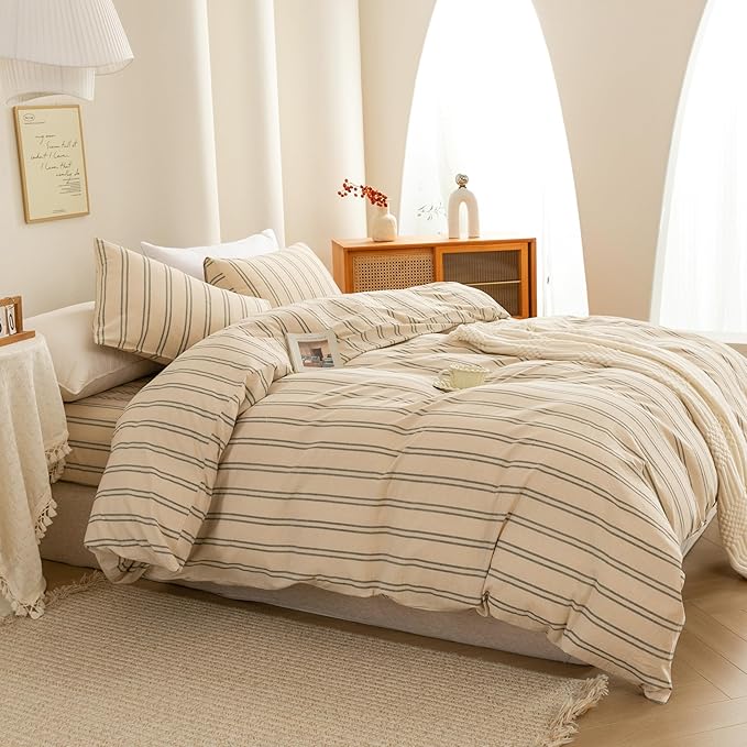 ECOCOTT Duvet Cover King Size - Linen Feel Organic Natural 100% Washed Cotton, Soft Breathable & Durable Bedding Set, Comfy Stripe Design for All Seasons