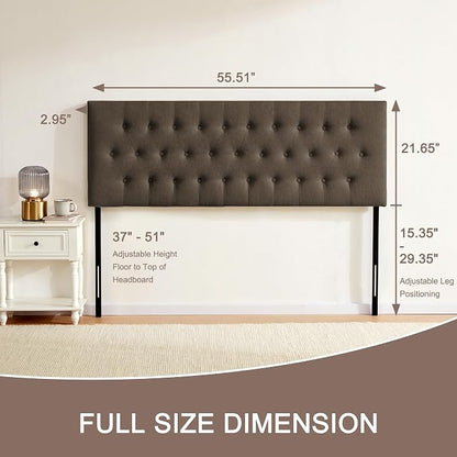 Tufted Upholstered Headboard Full Size, Adjustable Height 37- 51 in, Brown | Sturdy and Durable Solid Wood Full XL Headboard, Fabric Full Headboard Only, Modern Button Diamond Design Head Board