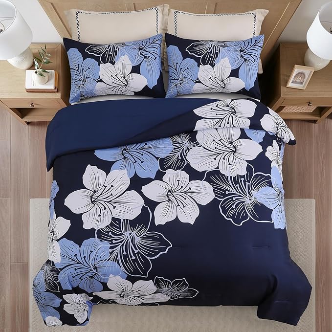 Menghomeus King Size Comforter Set Navy Blue Floral Bedding Comforter Sets - Soft Microfiber Bed Comforter Set for All Season, 3 Piece Botanical Flowers Comforter, Pillowcases