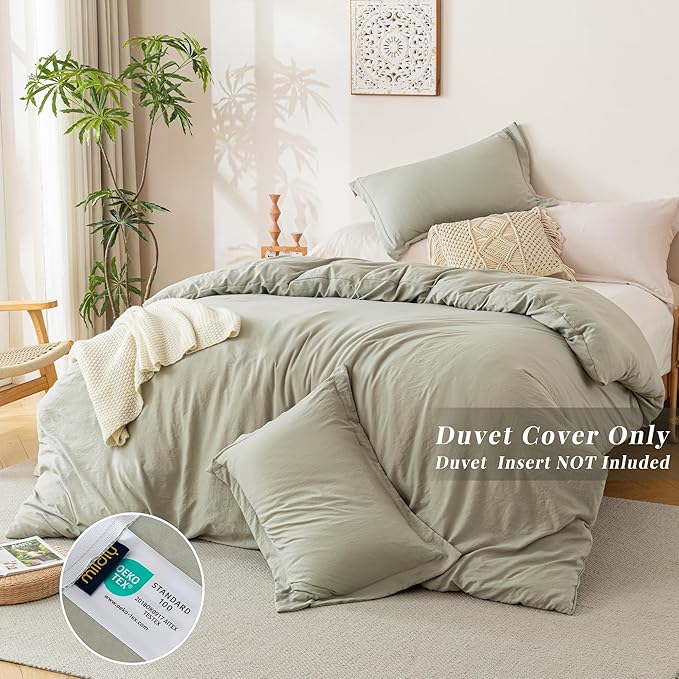 MILDLY Super Soft Duvet Cover 2pcs - 100% Washed Microfiber October Mist Sage Comforter Cover Set with Zipper Closure & Corner Ties (No Comforter)