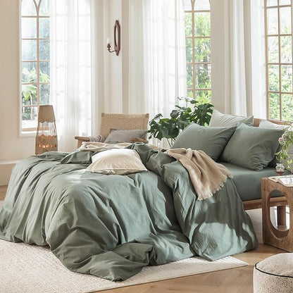 MooMee Bedding Duvet Cover Set 100% Washed Cotton Linen Like Textured Breathable Durable Soft Comfy (Heathered Green, Super Queen 90"x98")